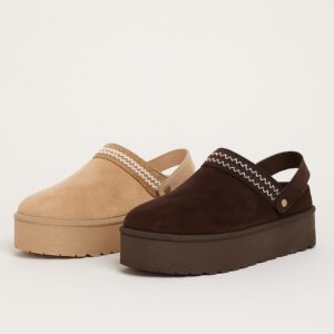 Pantoffels suède look chocolade bruin – warme dames sloffen met zachte voering - Pantoffels beige – cozy dames pantoffels met fake fur voering en stevige zool