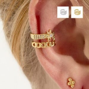 Ear Cuff – geometrisch design met zircon steentjes, buigbaar. – koper met subtiele sparkle, geen gaatje nodig