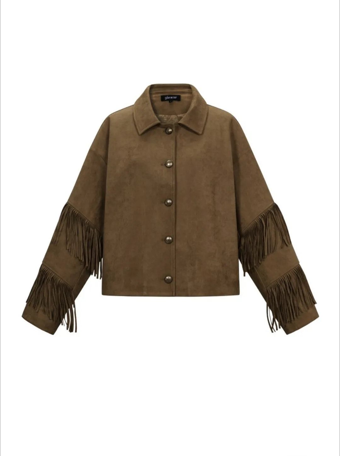 Suede-look Jacket with Fringes – donkerbruin oversized dames jasje van zachte suède-look stof met franjes