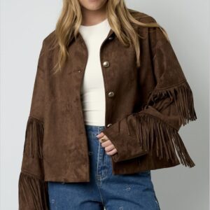 Suede-look Jacket with Fringes – donkerbruin oversized dames jasje van zachte suède-look stof met franjes