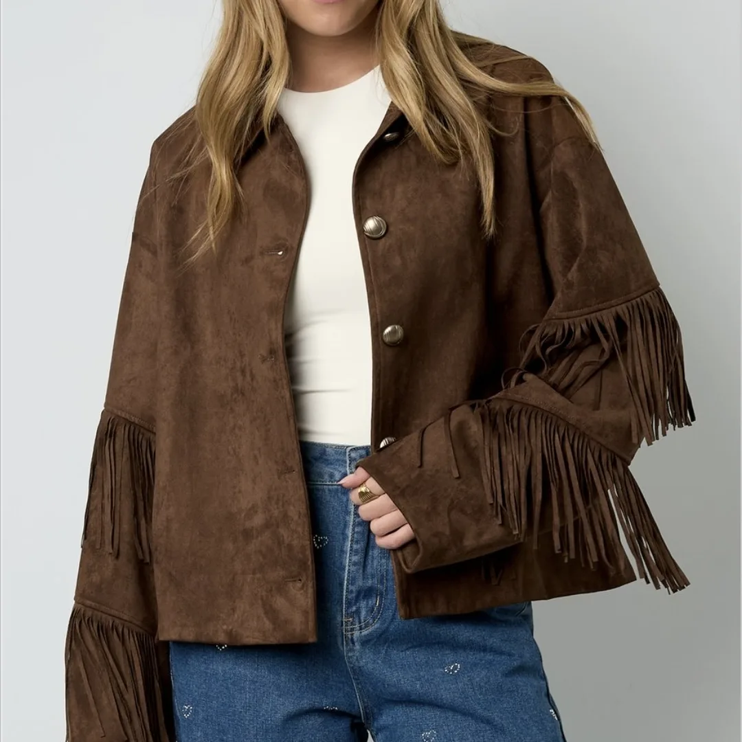 Suede-look Jacket with Fringes – donkerbruin oversized dames jasje van zachte suède-look stof met franjes