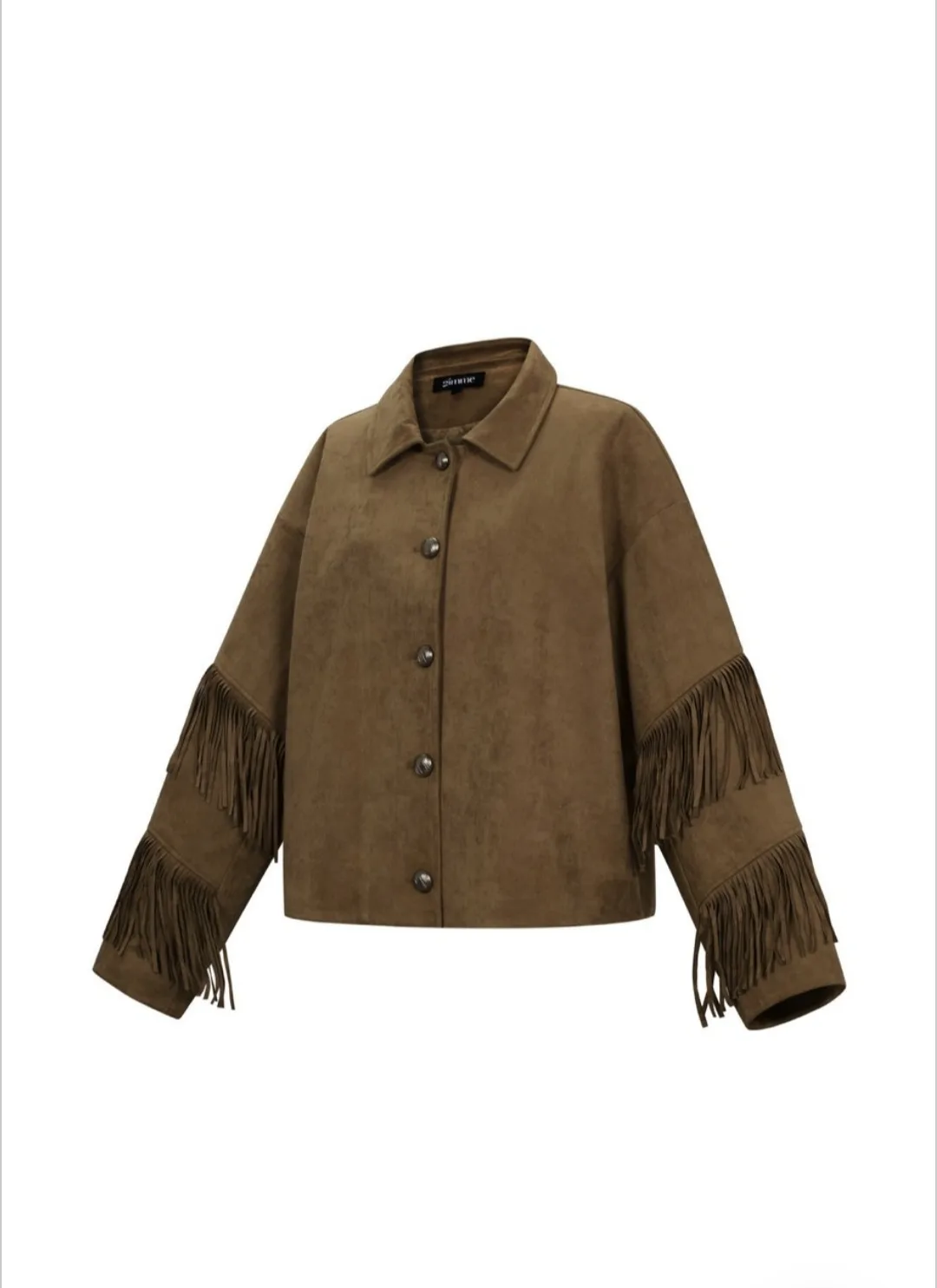 Suede-look Jacket with Fringes – donkerbruin oversized dames jasje van zachte suède-look stof met franjes