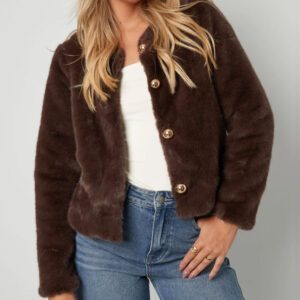 Choco bruin faux fur jasje met gouden knopen – luxe dames winterjas By Jeanny