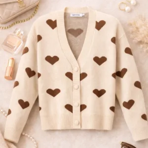 Gebreid damesvest beige met chocoladebruine hartjes