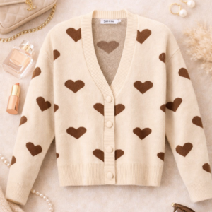 Gebreid damesvest beige met chocoladebruine hartjes