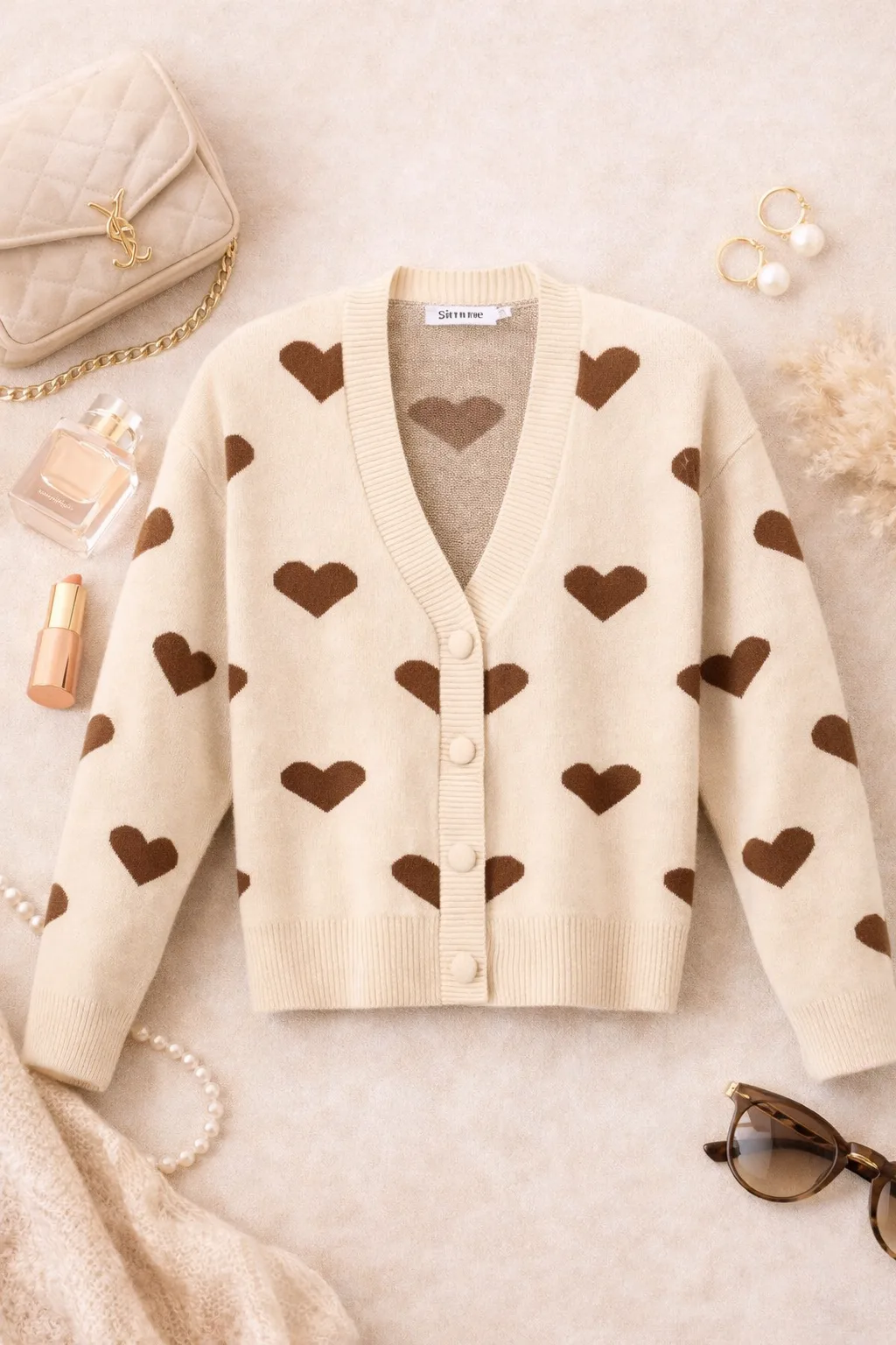 Gebreid damesvest beige met chocoladebruine hartjes