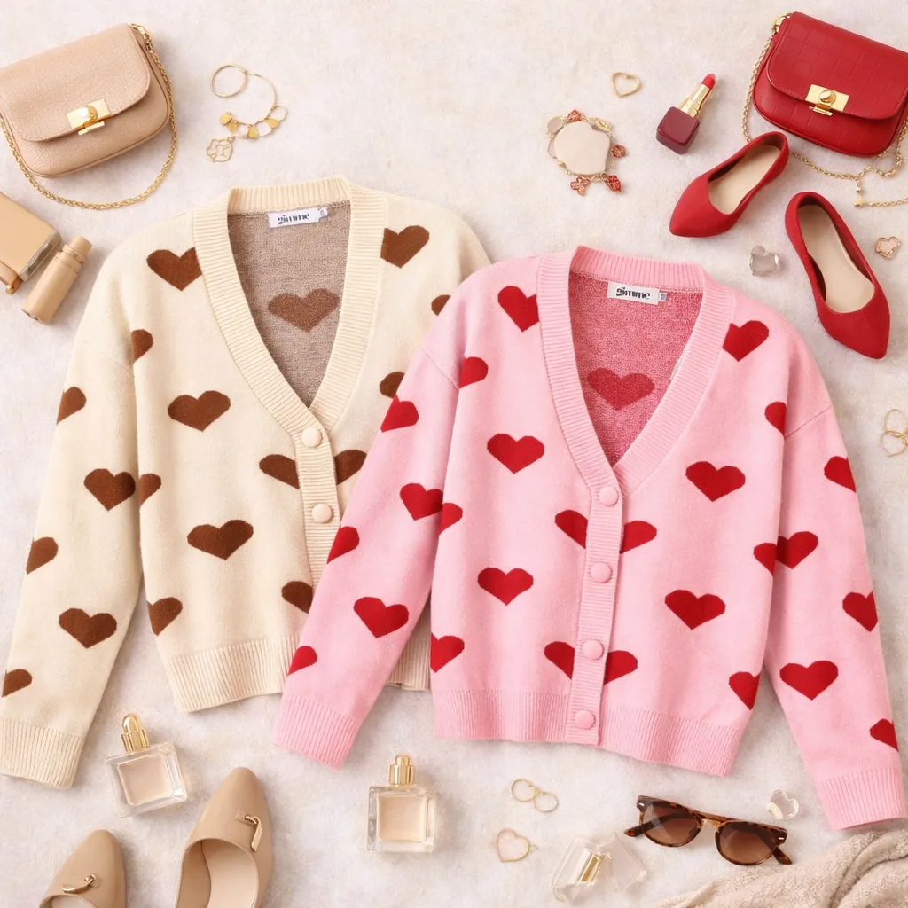 Gebreid damesvest beige en roze met chocoladebruine hartjes