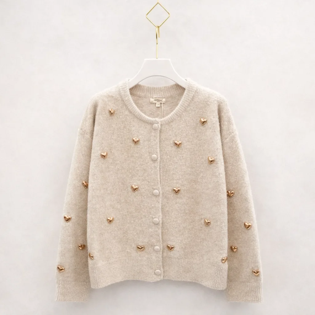 Beige damesvest met gouden hartjes – zacht knit vest By Jeanny