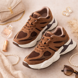 Dames chunky sneakers Donna in choco brown met dikke zool, PU en polyester, maat 37-41