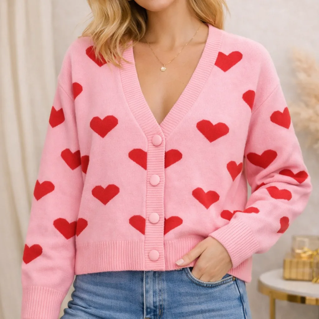 Gebreid damesvest beige met chocoladebruine hartjes