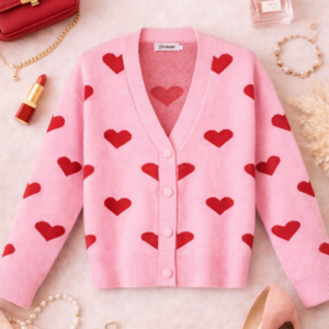 Gebreid damesvest beige met chocoladebruine hartjes
