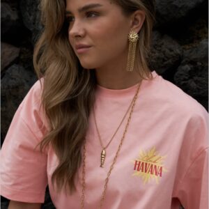 Oversized Havana Dames T-shirt met ‘club Havana’ print in roze en geel, 100% katoen – By Jeanny