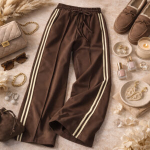 Sporty chic outfit met choco bruine broek en gele zijstrepen, casual pantalon look – By Jeanny