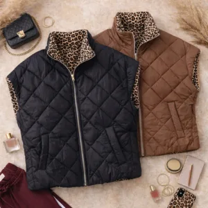 Tweezijdige bodywarmers in zwart en bruin, panterprint gedragen over outfit, laagjes look – By Jeanny