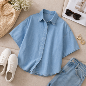 Oversized blauwe denim blouse met wijde mouwen en naaddetails, streetstyle look – By Jeanny