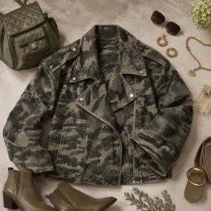 Oversized denim jacket met camouflage print, 100% katoen, one size – By Jeanny