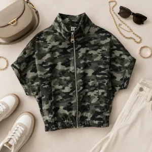 Camouflage zipper vest met zilverkleurige rits, opstaand kraagje en steekzakjes, one size – By Jeanny