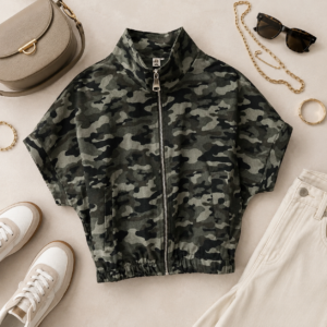 Camouflage zipper vest met zilverkleurige rits, opstaand kraagje en steekzakjes, one size – By Jeanny