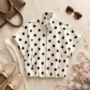Beige polka dot zipper vest met zilverkleurige rits en steekzakjes, one size – By Jeanny
