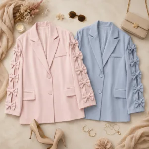 Limited Edition oversized blazers met strikjes op de mouwen in licht roze en blauw – By Jeanny