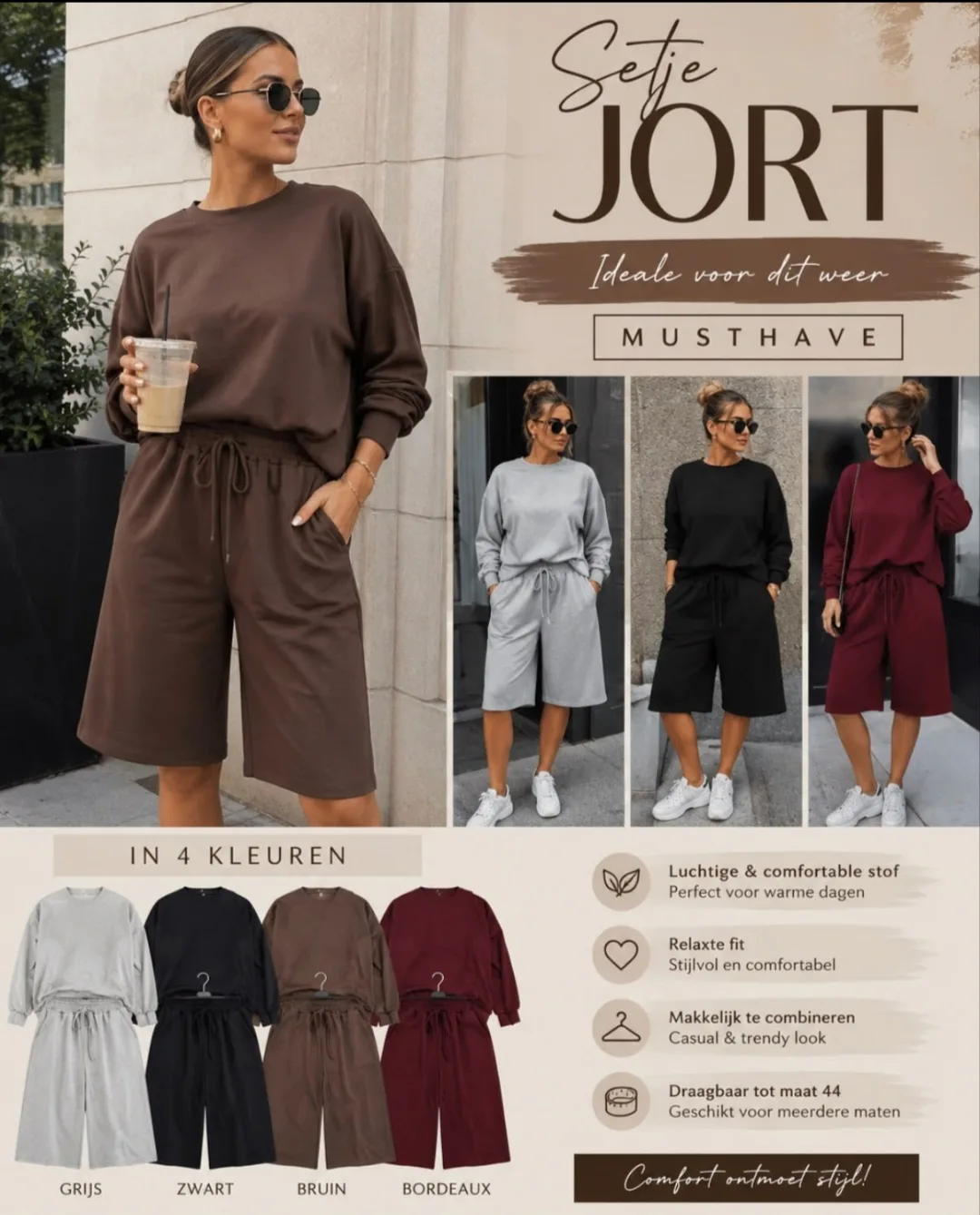 Co-ord Set Comfy JORT in licht grijs, zwart, chocolade bruin en bordeaux rood – By Jeanny