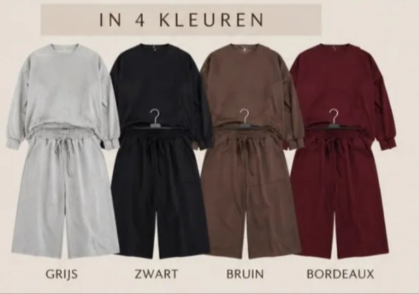 Co-ord Set Comfy JORT in licht grijs, zwart, chocolade bruin en bordeaux rood – By Jeanny