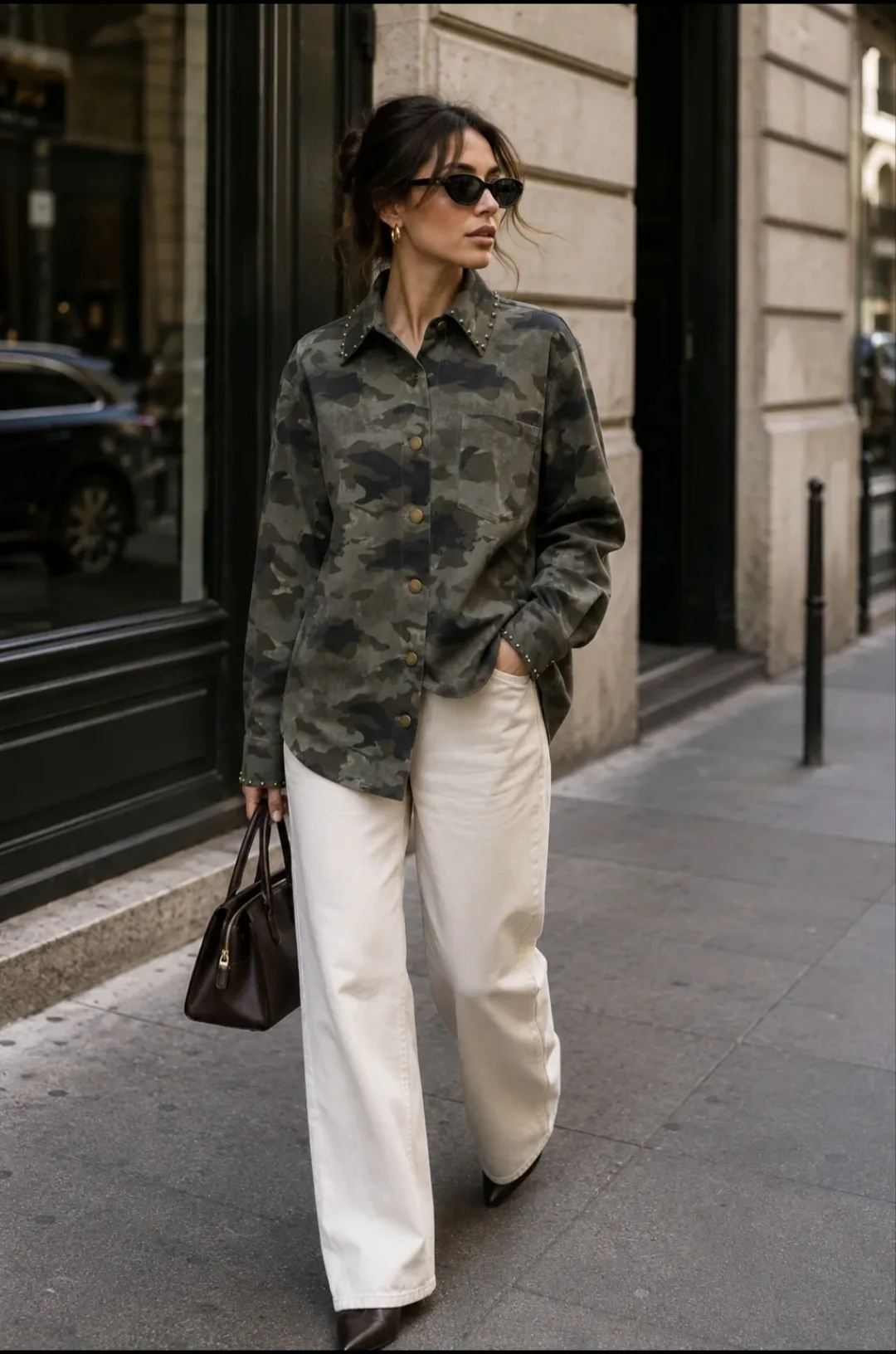 Groene army camo oversized blouse met knoopsluiting en borstzakje – By Jeanny