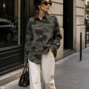 Groene army camo oversized blouse met knoopsluiting en borstzakje – By Jeanny