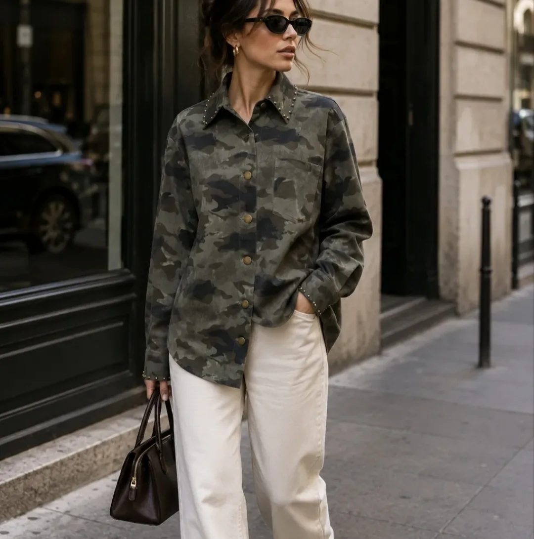 Groene army camo oversized blouse met knoopsluiting en borstzakje – By Jeanny