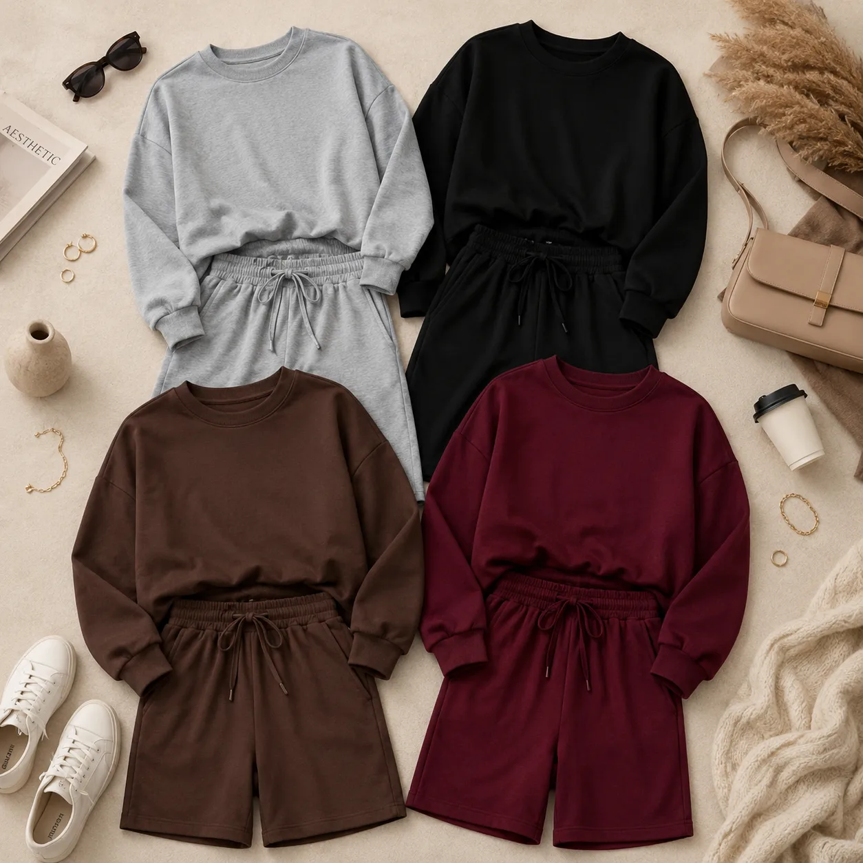 Co-ord Set Comfy JORT in licht grijs, zwart, chocolade bruin en bordeaux rood – By Jeanny