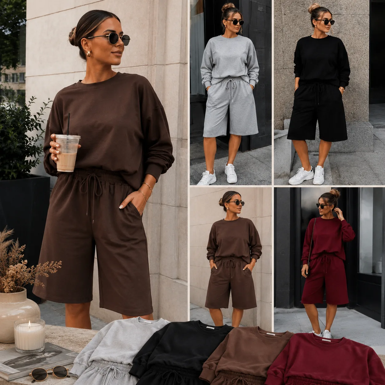 Co-ord Set Comfy JORT in licht grijs, zwart, chocolade bruin en bordeaux rood – By Jeanny