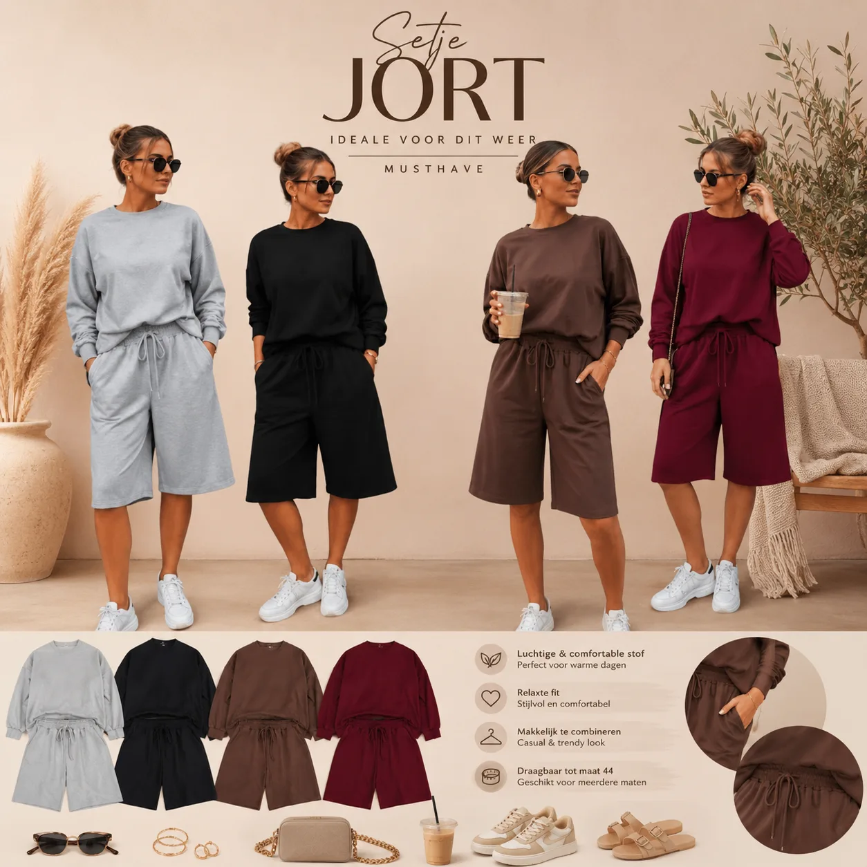 Co-ord Set Comfy JORT in licht grijs, zwart, chocolade bruin en bordeaux rood – By Jeanny